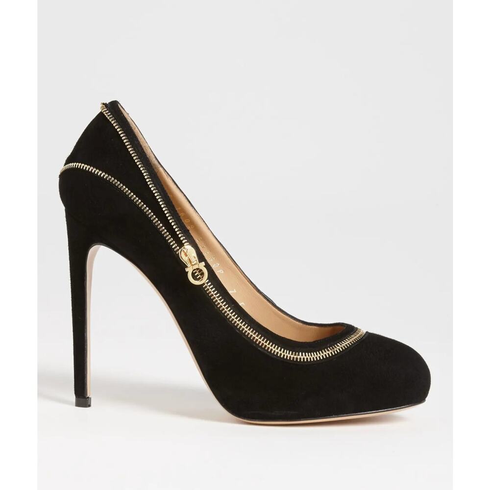SALVATORE FERRAGAMO Black Suede Rory Pumps Heels Gold Zipper Detail | 8.5